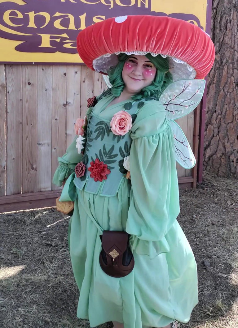 Mushroom Fairy hat, dress, and corset with moving wings; purchased pouch